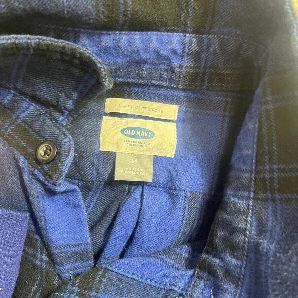 Old Navy Blue Plaid Flannel Slim Fit Long Sleeve Collarless Buttonup Shirt Mediu - Picture 4 of 4